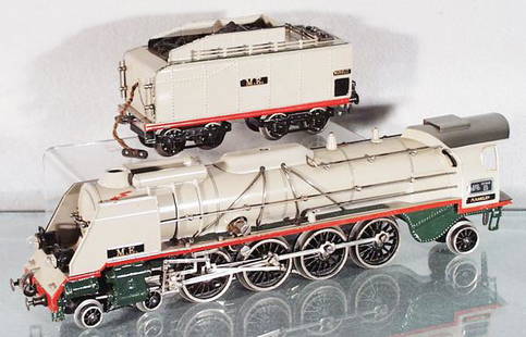 MARKLIN ME12920 LOCO & TENDER: O ga, handpainted tin, gray, loco has 4 small chips on body, tender has red paint loss by front coupler, C7-8.