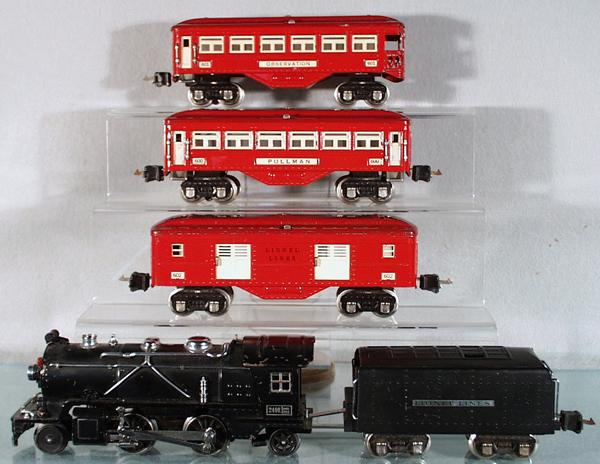 LIONEL TRAIN SET: O ga, 249E loco, 265T tender, restored, 602 baggage, 600 Pullman, 601 obsv, C5-6.