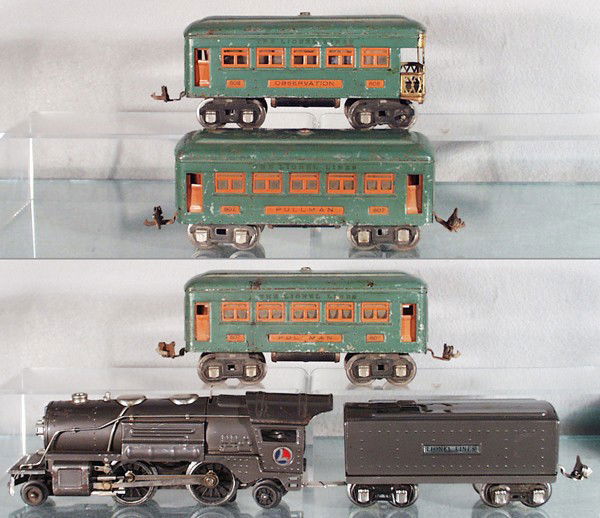 LIONEL TRAIN SET: O ga, 259E loco, 2689W tender, 2 #607 Pullmans, 608 obsv, C3-5.