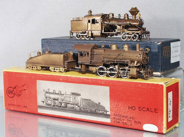 2 JAPANESE BRASS LOCOS: HO ga, 2-rail, Heisler loco, w/incorrect box, Olympia PRR B6 switcher, orig box minor wear, C7-8.