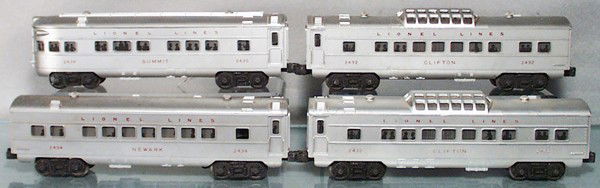 4 LIONEL COACHES: O ga, 2434 Newark, 2 #2432 Clifton, 2436 Summit obsv, C5.