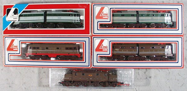 LIMA & ROCO TRAIN LOT: HO ga, 2-rail, Lima locos 208026LG, 208028LG, 208068L, 208149LGP, orig boxes, C9, Roco electric loco, C8.