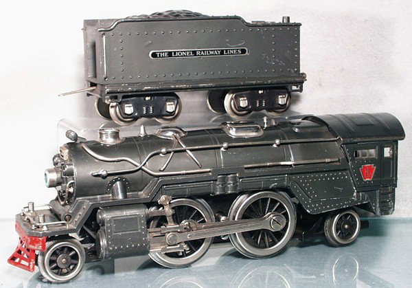 LIONEL 385E LOCO & TENDER: std ga, 385E loco w/385W tender, gunmetal, C5-6.