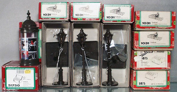 LGB ACCESSORIES: G ga, 51750, 5038, 3 #5050, 5 #1031, 2 #5075, orig boxes minor wear, the 2 #5075 C6, rest C8-9.