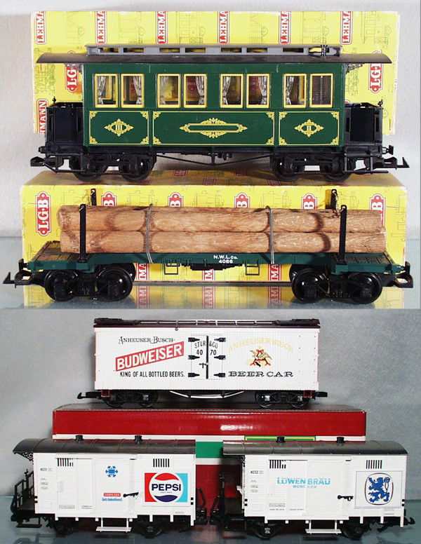 5 LGB CARS: G ga, 3060 coach, 4066 log car, 4070 Budweiser, 4031 Pepsi, 4032L Lowenbrau, orig boxes minor wear, C7-9.