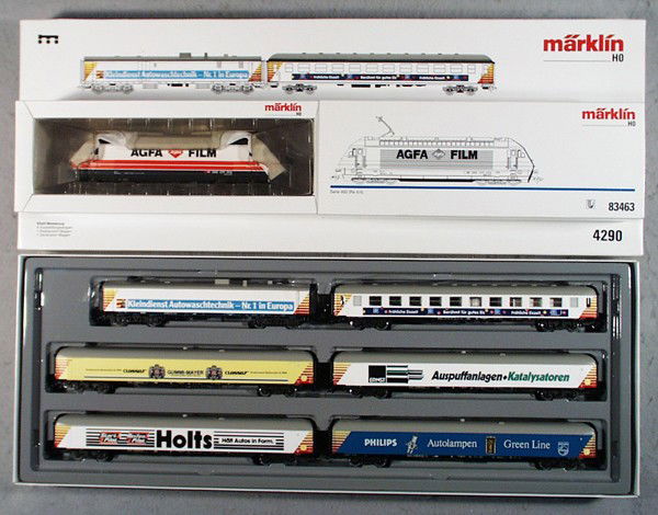 MARKLIN ADVERTISING TRAIN: HO ga, 83463 electric loco, orig box, insert yellowing, w/4290 6-car set, orig set box & insert, C9-10.