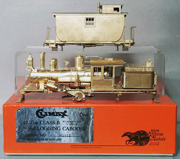 IRON HORSE MODELS LOGGING LOCO & CABOOSE: Japan, On3 ga, unpainted brass, partially assembled, appears complete, some tarnishing, orig box & insert, C7-8.