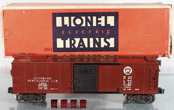 LIONEL 3854 MERCHANDISE BOX CAR: O ga, w/4 Baby Ruth cubes, orig box & insert rough, C6.