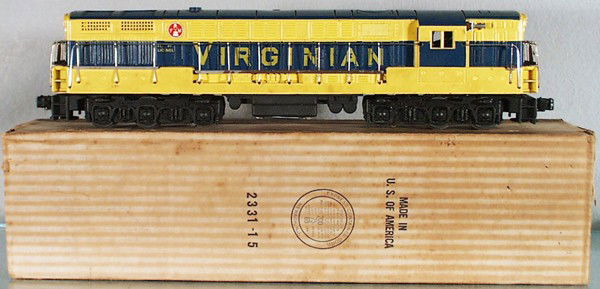 LIONEL 2331 VIRGINIAN FM: O ga, hairline screw crack on 1 side, all handrails bases have oxidation, orig box & insert minor wear, C4-5.