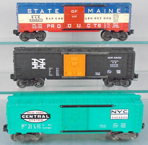 3 LIONEL 6464 BOX CARS: O ga, 6464-275 SOM, 1st version, 6464-725 New Haven, 6464-900 NYC, C5-7.
