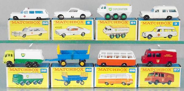 8 MATCHBOX VEHICLES: 3C1, 8C1, 61B2, 54B1, 32C3, 40C1, 68B2, 57C3, orig boxes minor wear, C8-9.