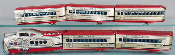 MARX 25219 UNION PACIFIC TRAIN SET: O ga, M10005 electric loco, Omaha, 2 Los Angeles, Denver, Squaw Bonnet, set is silver, red & blue, w/track & transformer, orig set box worn, w/dividers, C7.