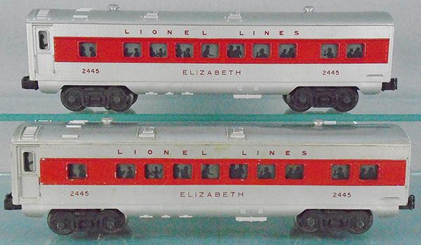 2 LIONEL 2445 ELIZABETH PULLMANS: O ga, silver w/red stripe, C7.