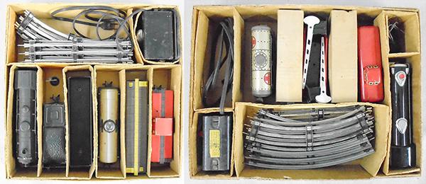 2 MARX TRAIN SETS: O ga, set 25000, 999 die cast loco, missing plastic number insert on boiler front, 951 tender, 35461 box car, 17899 gondola, 256 tank, 92812 caboose, w/track & transformer, orig set box minor wear, se