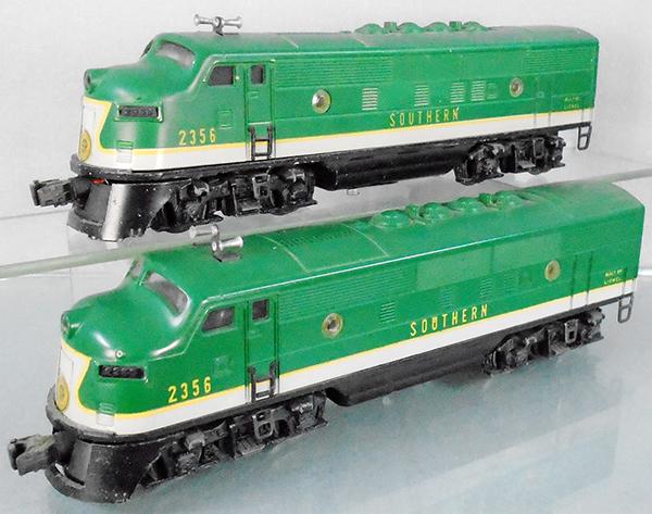 LIONEL 2356 SOUTHERN F3 AA DIESELS: O ga, 2356P, box rub on roof exhaust stacks, 2356T, C7.