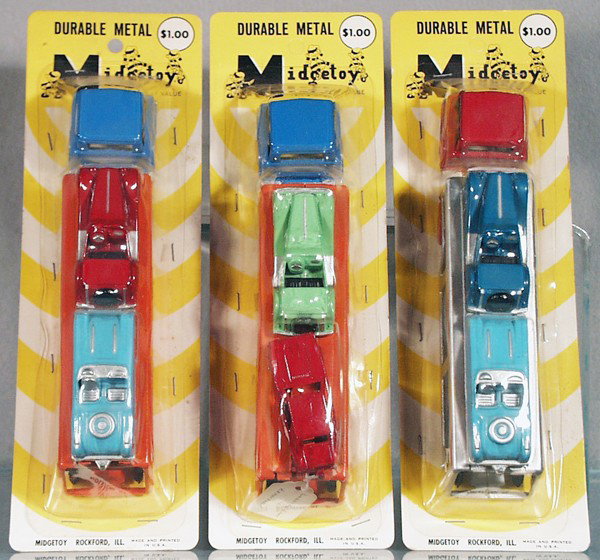 3 MIDGETOY AUTO TRANSPORT SETS: all sealed on orig cards with staples, C8-9.
