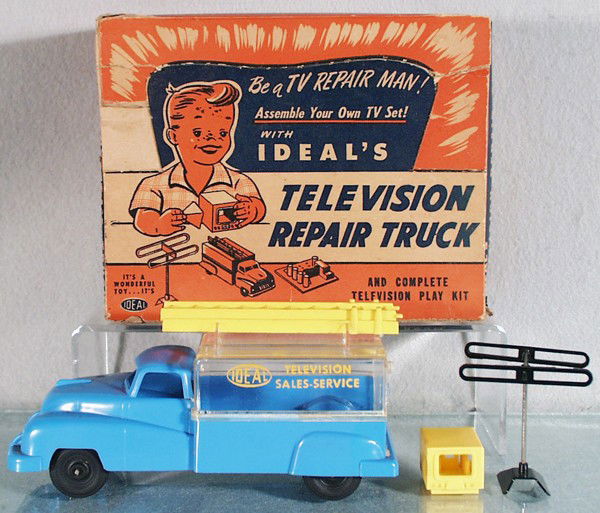 IDEAL TELEVISION REPAIR TRUCK: plastic, black rubber tires, 8" long, w/ladder, TV & antenna, oxidation on axles, orig box worn, C6-7.