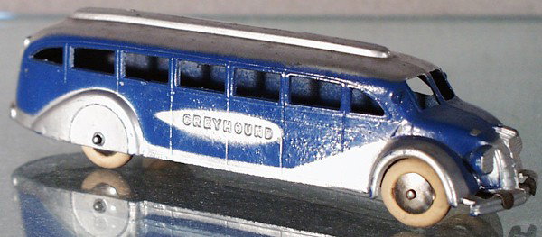 TOOTSIETOY 1045 GREYHOUND BUS: blue & silver, w/tin chassis, C6-7.