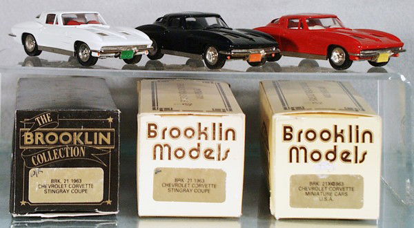 3 BROOKLIN #21 CORVETTES: made in England, orig boxes minor wear, C8-9.