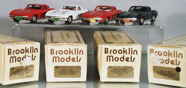 4 BROOKLIN #21 1963 CORVETTES: made in England, all different colors, orig boxes minor wear, C8-9.