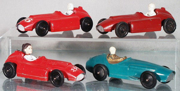 4 TOOTSIETOY RACERS: 3 Lancias, 1 has replaced driver's head, 1 is repainted, Ferrari, all are 6" long, C5-6.