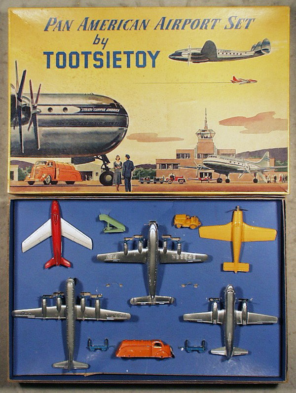 TOOTSIETOY 6500 PAN AMERICAN AIRPORT SET: contains F86 Jet, Lockheed Constellation, Beechcraft Bonanza, Boeing Stratocruiser, 235 Oil Truck, Convair, w/airport luggage carts, missing 2 badges, orig box & insert minor wear, C7-9.