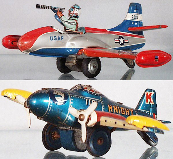 2 TIN AIRPLANES: Japan, USAF Jet Fighter Plane, litho tin, friction not working, 9 1/4" long, Knight Airplane, litho tin, friction working, 1 propeller disconnected, 5 1/2" long, C5.