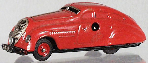 SCHUCO 1250 PATENT AUTO: litho tin, clockwork working, coral pink, made in US Zone, C7.