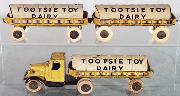 TOOTSIETOY 192 MACK DAIRY SET: 2 trailers have replaced rubber tires, C4-6.