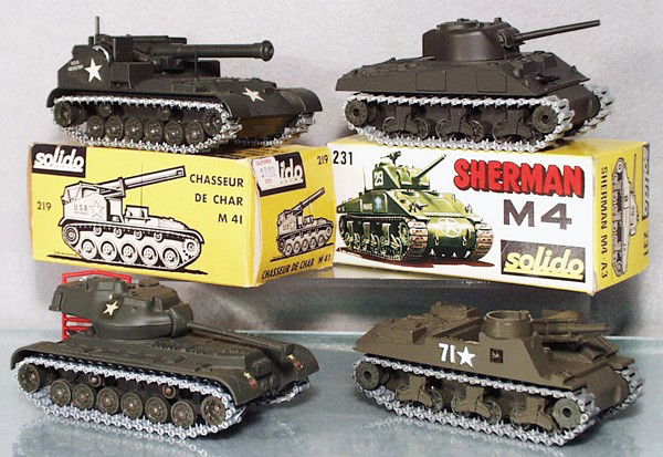4 SOLIDO US ARMY VEHICLES: 231 Sherman M4, orig box, 219 M41 Cannon, orig box, 252 M7 Priest, 202 Patton Tank, 2 orig boxes only, C7-9.