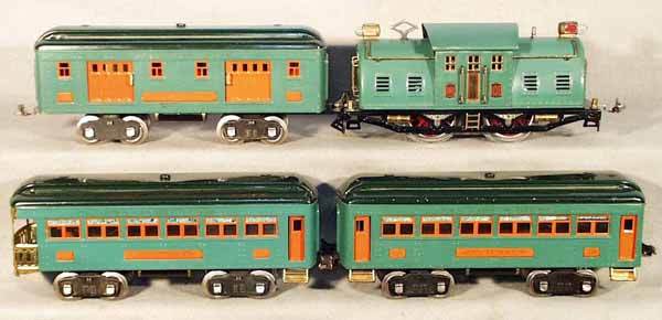 LIONEL TRAIN SET: std ga, 10E loco, rewheeled, missing 1 coupler, paint rub on 1 roof edge, 332 baggage, 339 coach, 341 obsv, C6-7.