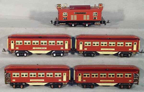 LIONEL TRAIN SET: O ga, 253 loco, 2 #613 coaches, 2 #614 obsv, 1 obsv has unrestored slightly worn plates, set is professionally restored, C7-9.