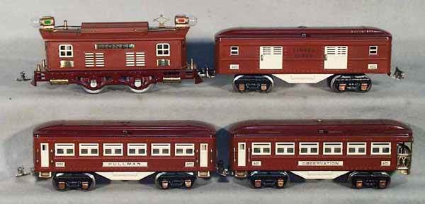 LIONEL TRAIN SET: O ga, 253 loco, 602 baggage, 600 Pullman, 601 obsv, professionally restored, C8-9.