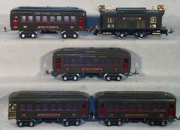 LIONEL TRAIN SET: O ga, 253 loco, 3 #610 Pullmans, 612 obsv, set is professionally restored, C8-9.