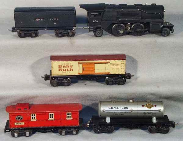 LIONEL TRAIN SET: O ga, 258 loco, late version, 1689T tender, 1679 Baby Ruth, 1680 Sunoco tank, 1682 caboose, C5-6.