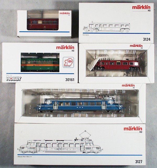 4 MARKLIN RAIL BUSES: HO ga, 4018 Rail Bus, 30161 Rail Bus, 3124 Michelin Rail Bus, 3127 Rail Bus, orig boxes & inserts, C9-10.