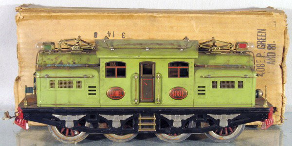 LIONEL 408 LOCO: std ga, apple green, oxidation spots on top of loco, orig box & insert worn, C3-4.