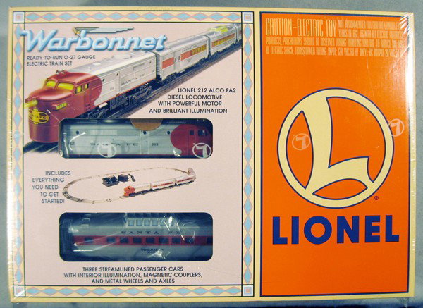 LIONEL 11929 WARBONNET TRAIN SET: O ga, SF Alco w/3 coaches, track & transformer, sealed in orig box, C10.
