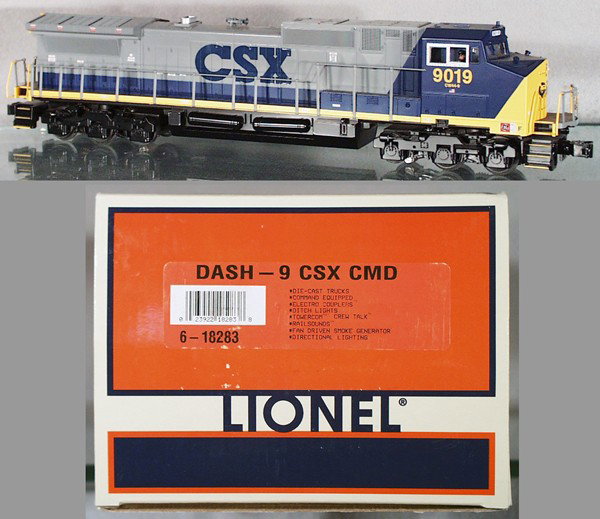 LIONEL 18283 CSX DASH-9 DIESEL: O ga, w/sound, orig box & insert, C8-9.