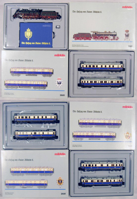 MARKLIN 2681 KAISER WILHELM II TRAIN SET: HO ga, loco, tender & 3 2-car sets, orig boxes & inserts minor wear, C9.