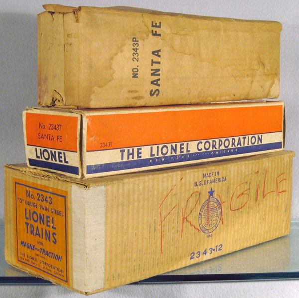 LIONEL 2343 MASTER CARTON SET: O ga, empty orig boxes for 2343P & 2343T, w/master carton, w/inserts, some waterdamage & graffiti, C5-6.