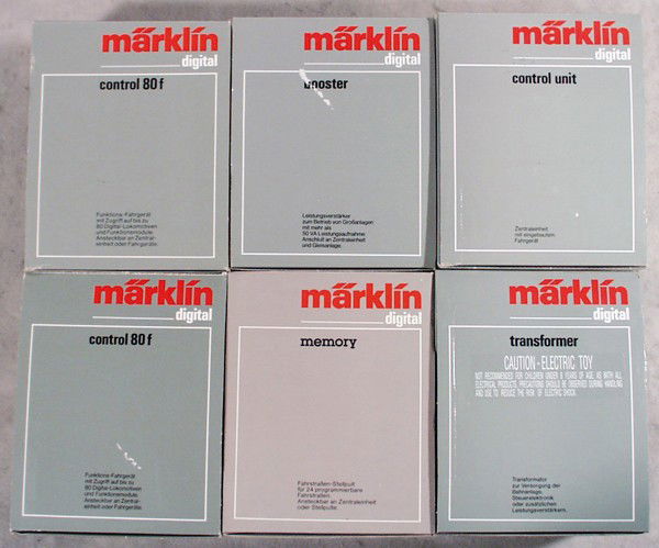 6 MARKLIN DIGITAL ACCESSORIES: HO ga, 2 #6036 80F control units, 6017 booster, 6021 control unit, 6043 memory, 6001 transformer, w/manuals, orig box & inserts, C8-9.