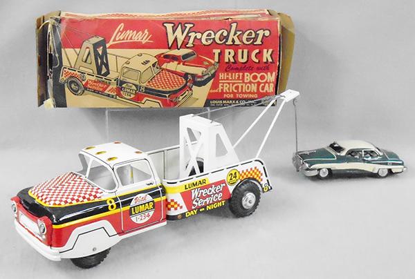 LUMAR WRECKER TRUCK: painted pressed steel & litho tin, Wrecker Truck, 16 1/4 in long, Linemar Packard, 8 1/2 in long, friction working, orig box worn, flaps loose, w/inserts, C8-9.