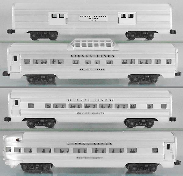 4 LIONEL PASSENGER CARS: O ga, 2530 small-door baggage, 2532 Silver Range vista dome, 2533 Silver Cloud Pullman, 2531 Silver Dawn obsv, orig boxes & inserts minor wear, 1 has a taped end flap, C7.