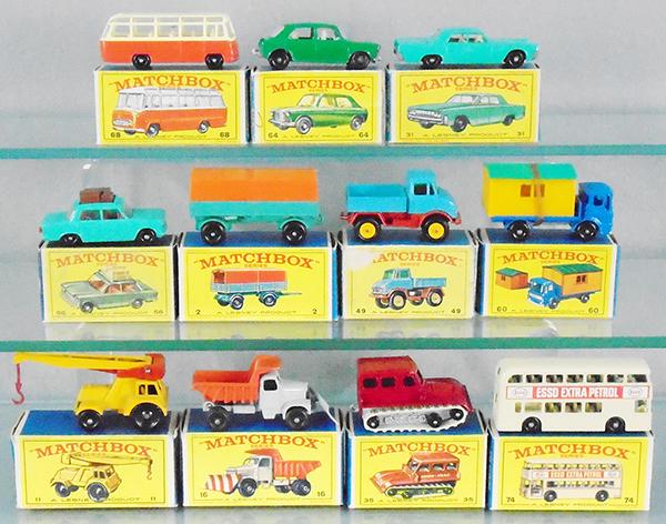 10 MATCHBOX VEHICLES: 68B2, 64B1, orig box incom, 31C2, 56B1, 2D1, 49B2, 60B1, 11C2, 16C2, 35B2, treads frozen, 74B2, orig boxes minor wear, C7-9.