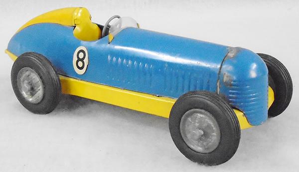 PRESTYN RACER: litho tin, 11 in long, windup not working, rubber tires w/knock offs, ca 1940s, C6-7.