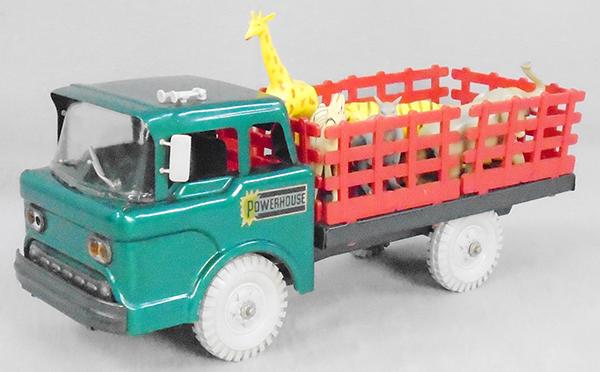 MARX 2527 POWER HOUSE SAFARI TRUCK: painted pressed steel, 18 in long, w/plastic trim & 6 animals, minor warp to windshield, made in Swansea, England, orig box & insert worn, C8.