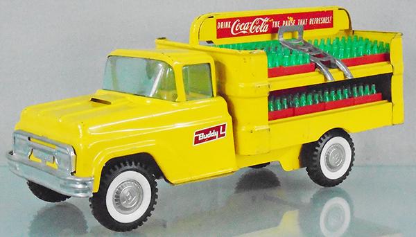 BUDDY L 5646 COCA COLA TRUCK: painted pressed steel, 14 1/2 in long, minor decal wear, w/23 soda cases marked Buddy L, w/handtruck, C6.