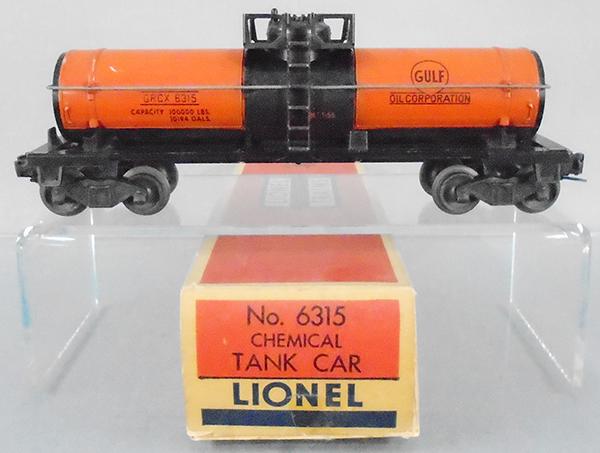 LIONEL 6315 CHEMICAL TANK CAR: O ga, glossy version, orig box has old tape residue, C7-8.