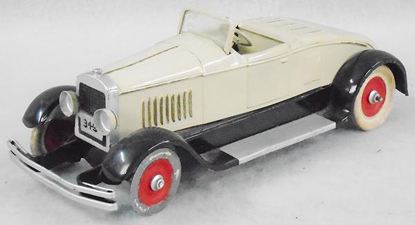 KINGSBURY ROADSTER: painted pressed steel, 12 1/2 in long, windup working, missing 1 rubber tire & rear spare, restored, C8.